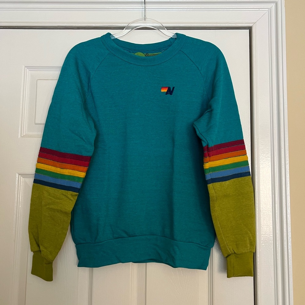 RARE Aviator Nation Rainbow Stitch Sleeve Crew Sweatshirt - Jade - XS